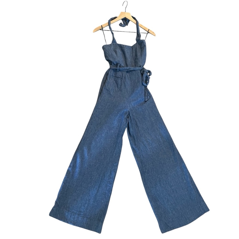 Anthropologie Elevenses Blue Wide-Leg Denim Jumpsuit